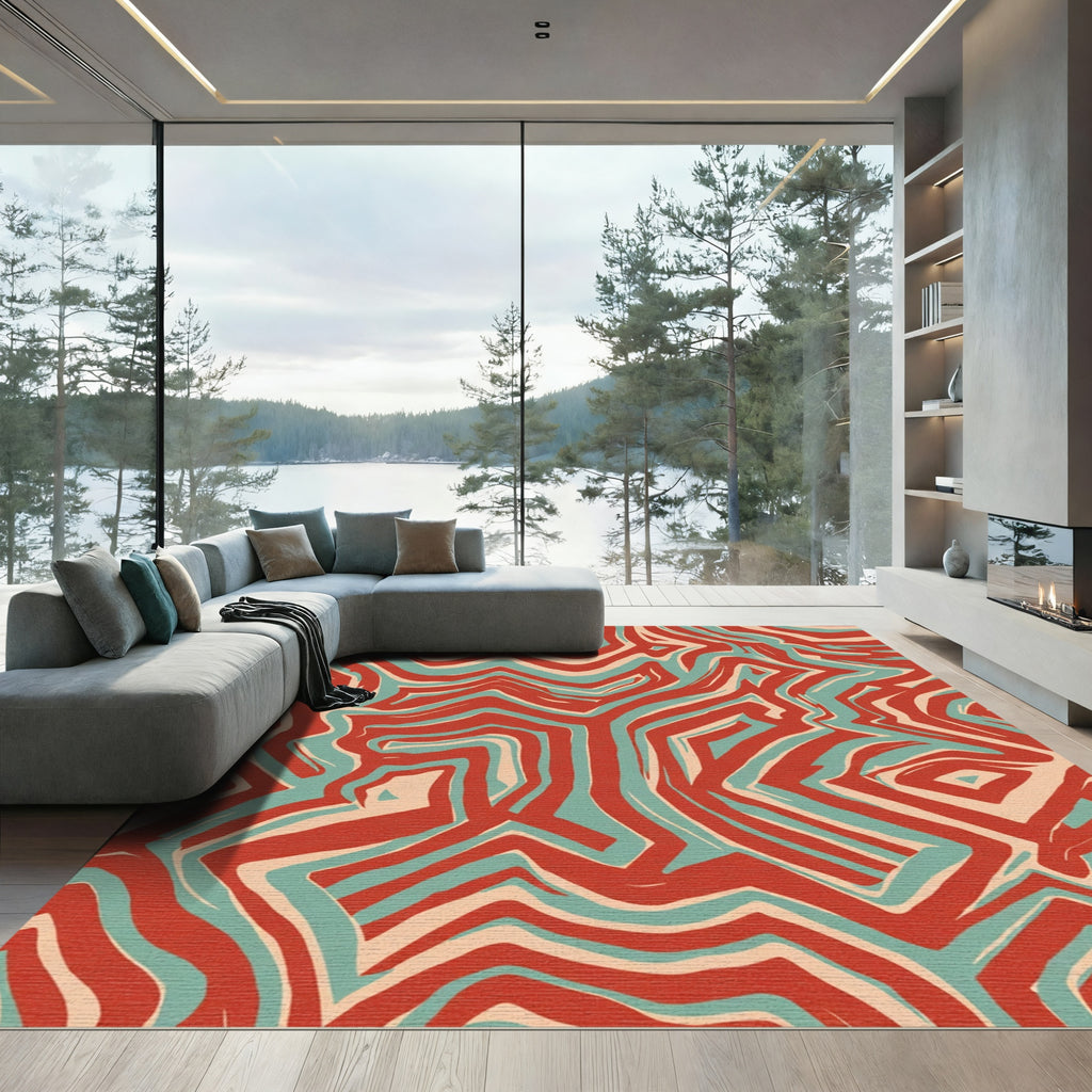 Red Teal Abstract Swirl Rug