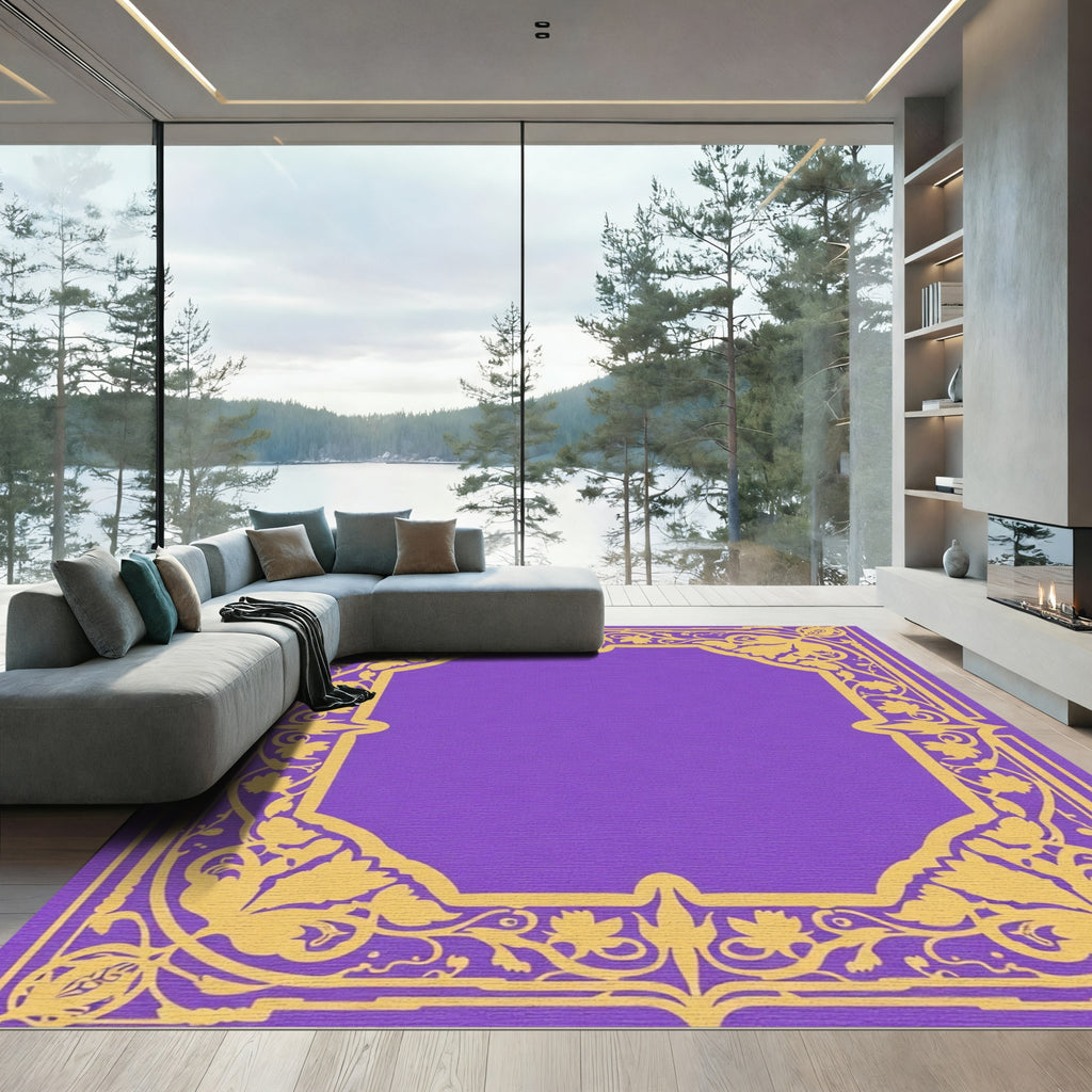 Gold Floral Vine Border Purple Rug