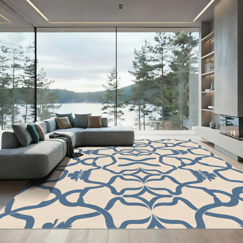 Blue Cream Rococo Scrollwork Rug