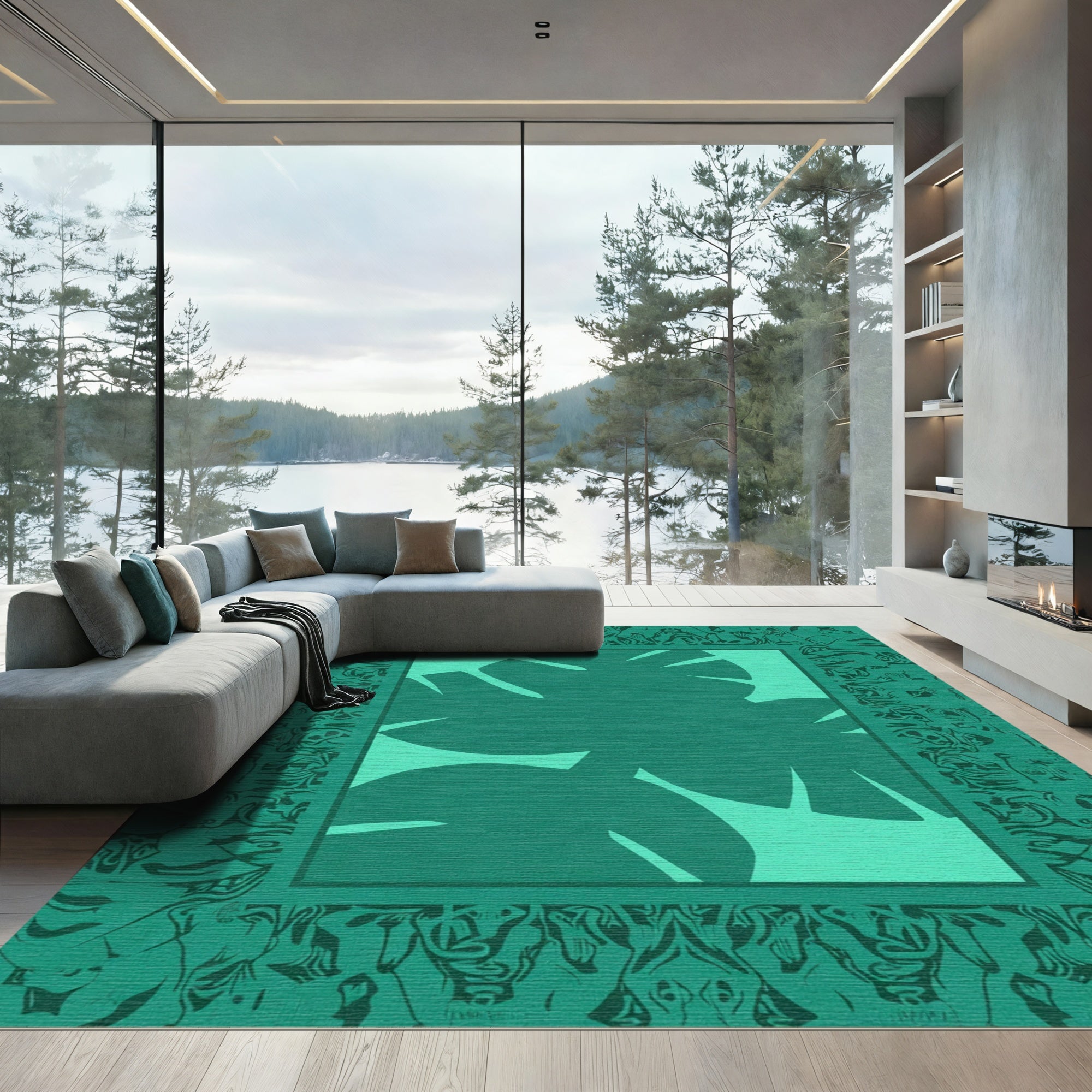 Deep Teal Jungle Leaf Border Rug