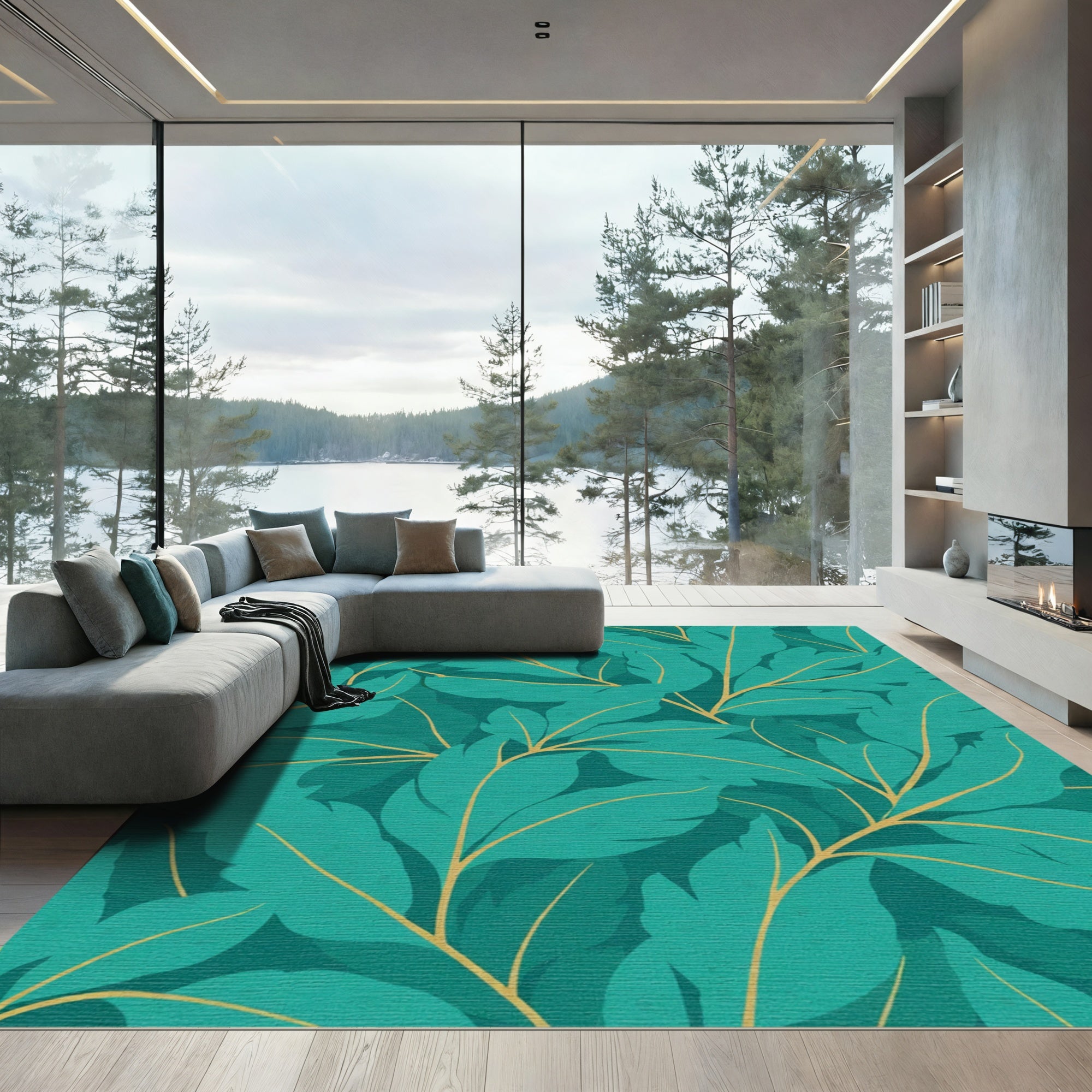 Teal Tropical Leaf Overlay Rug