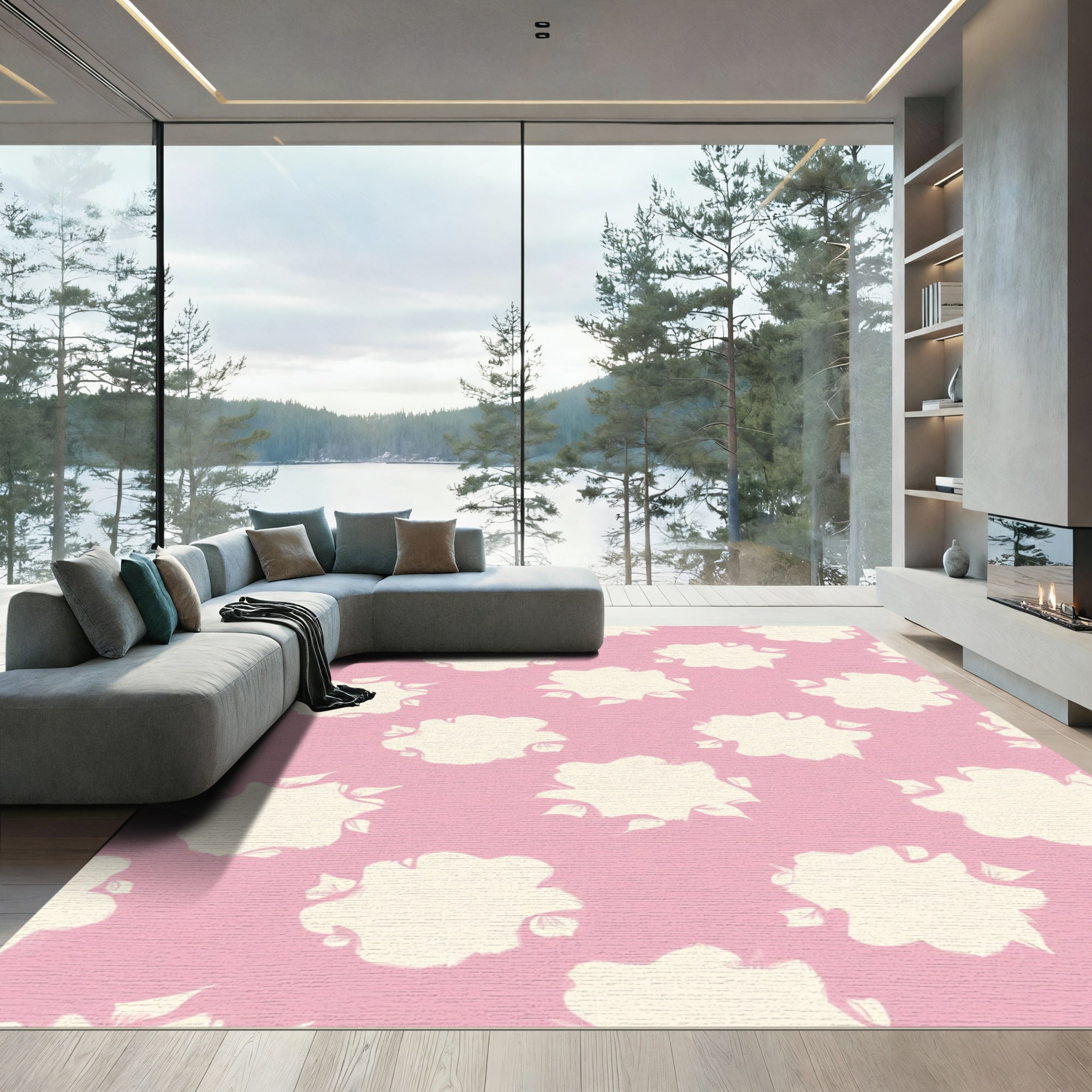 Cream Floral Sprigs Pink Rug