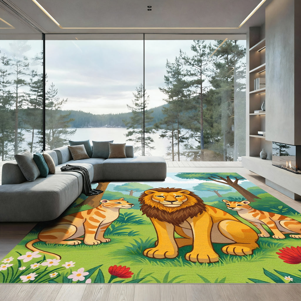 Golden Lion Family Jungle Scene Rug