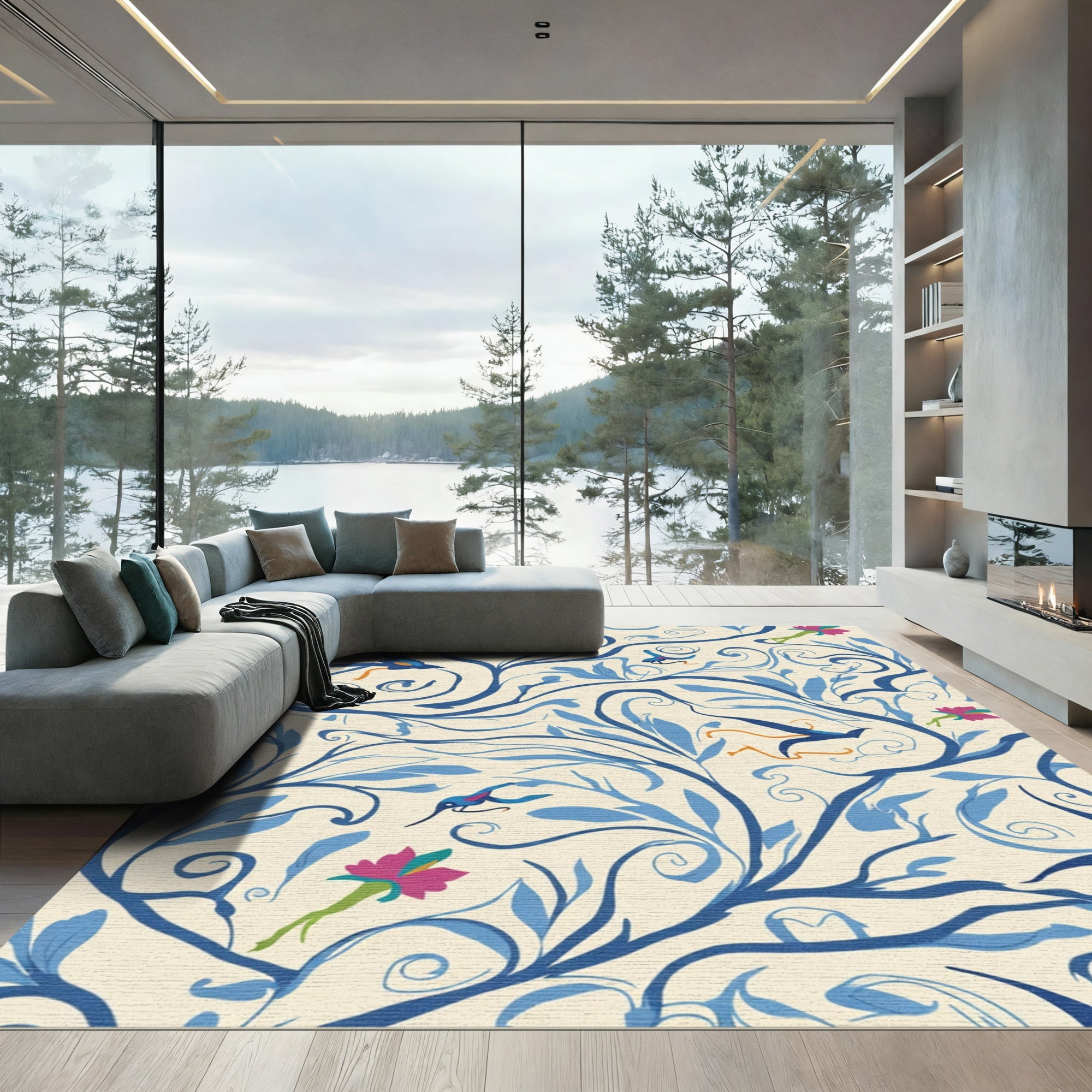 Blue Floral Bird Whimsy Swirl Rug