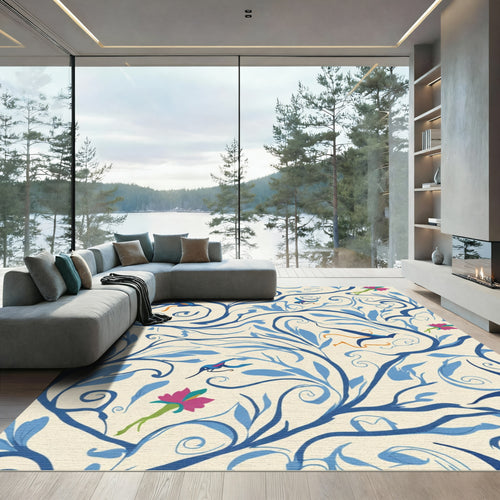 Blue Floral Bird Whimsy Swirl Rug