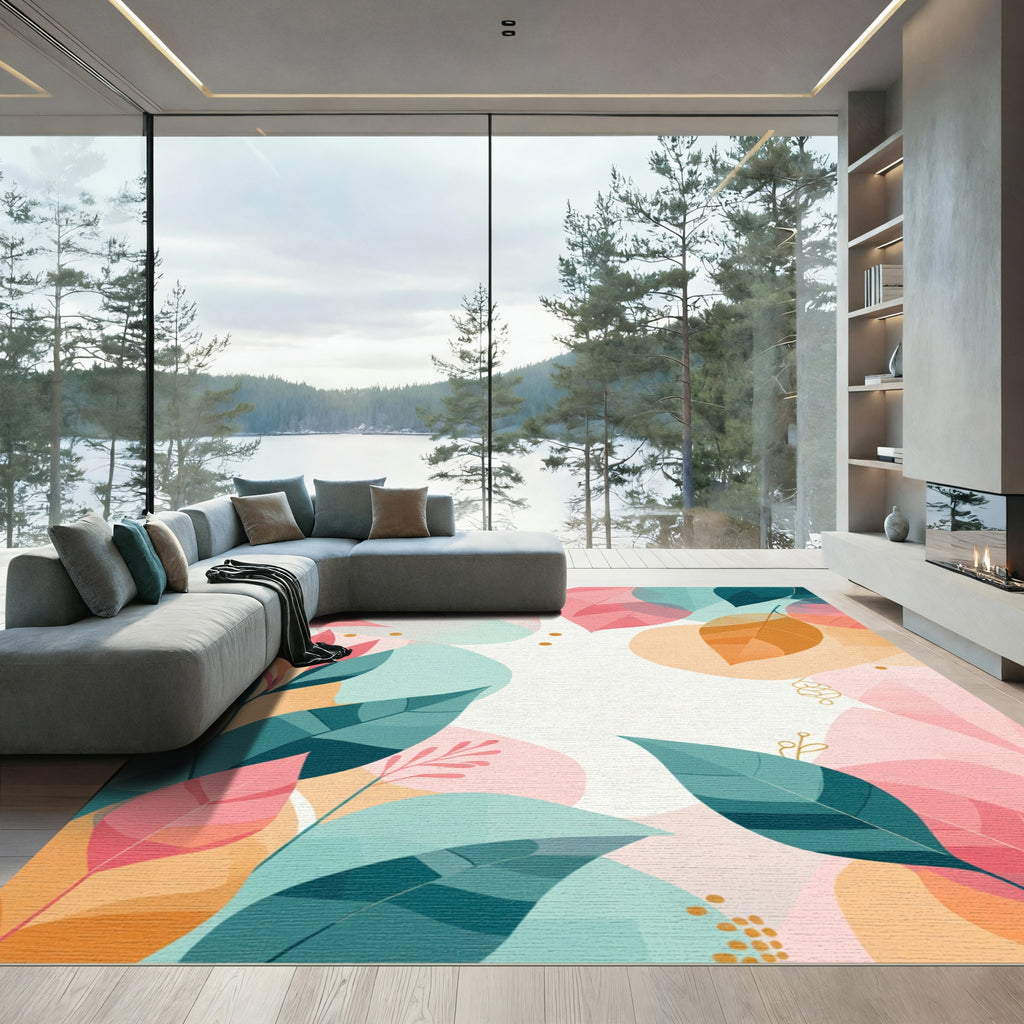 Teal Pink Golden Leafy Garden Rug