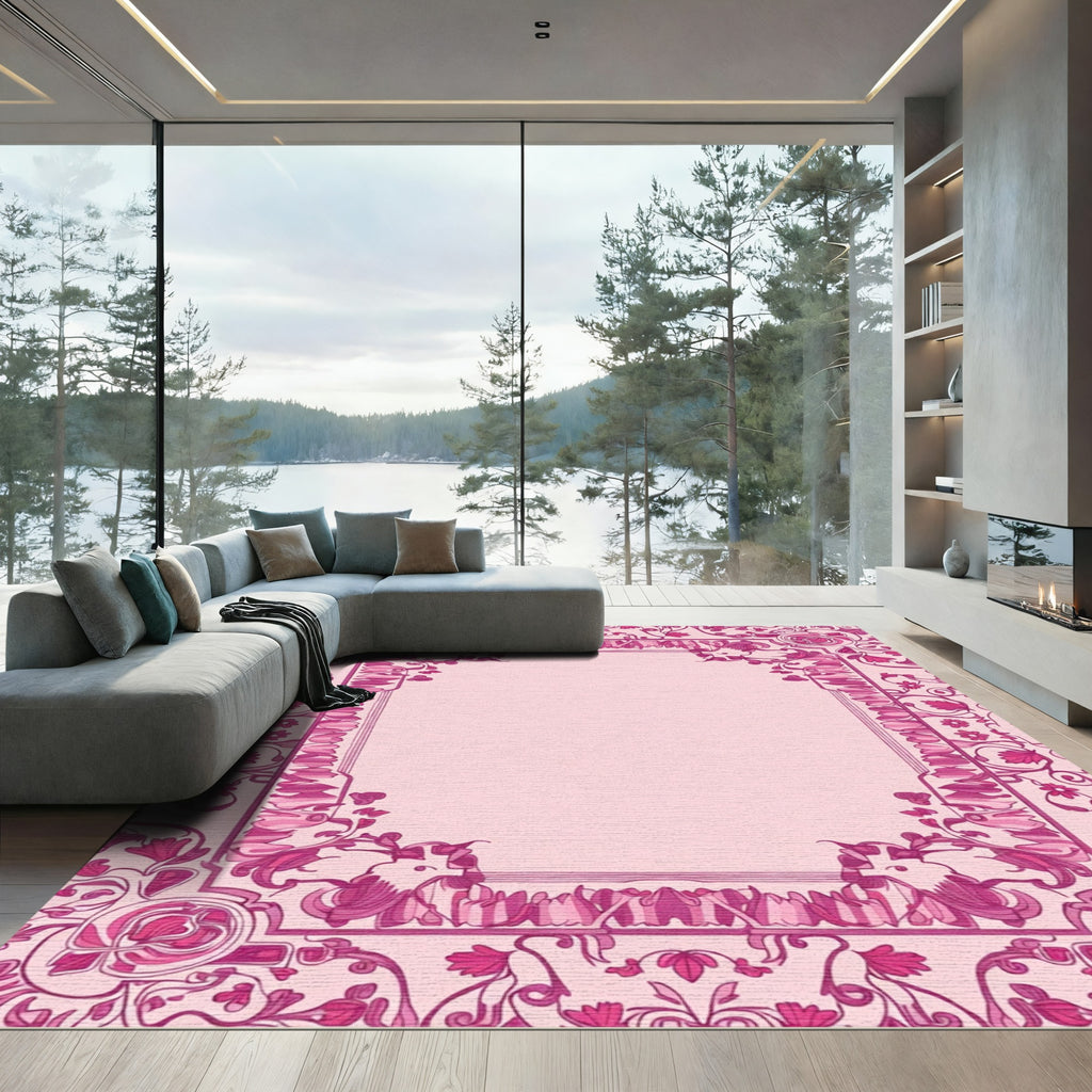Art Nouveau Pink Floral Border Accent Rug