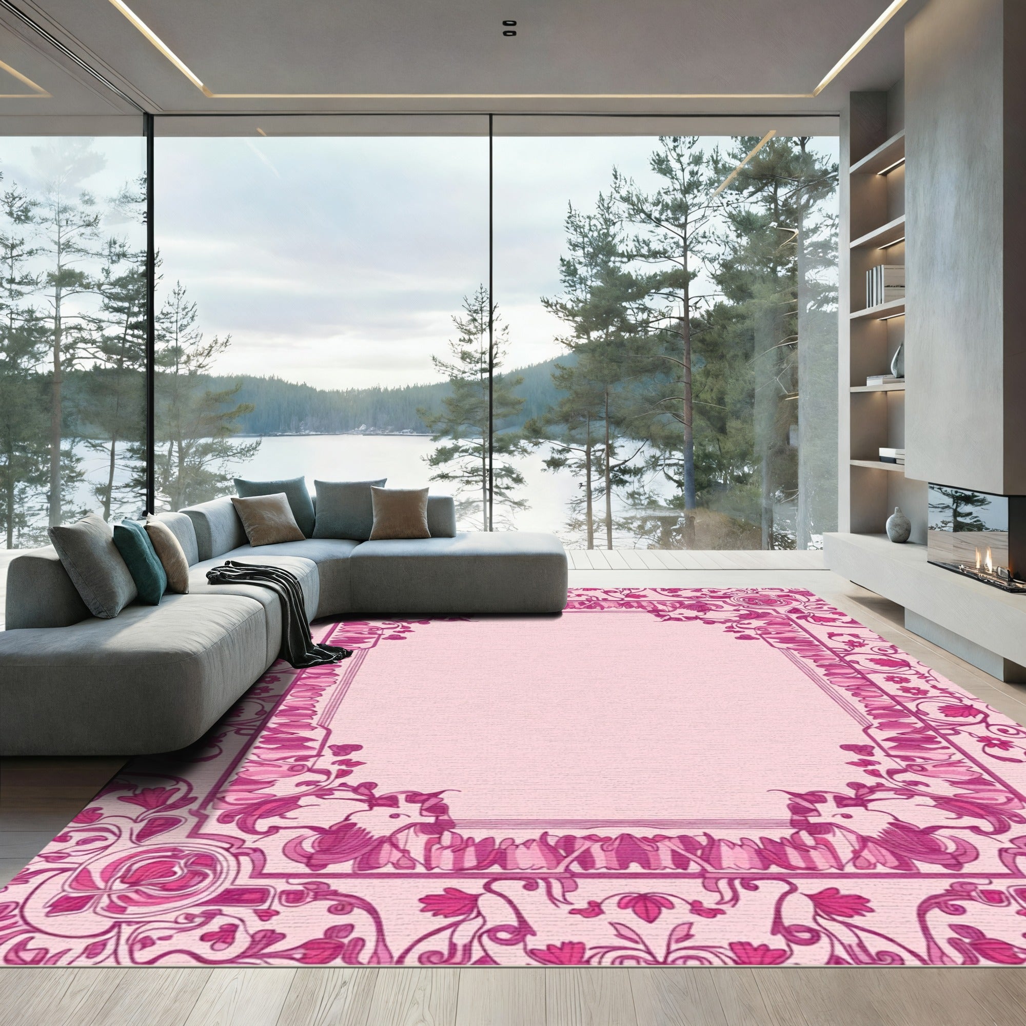 Art Nouveau Pink Floral Border Accent Rug