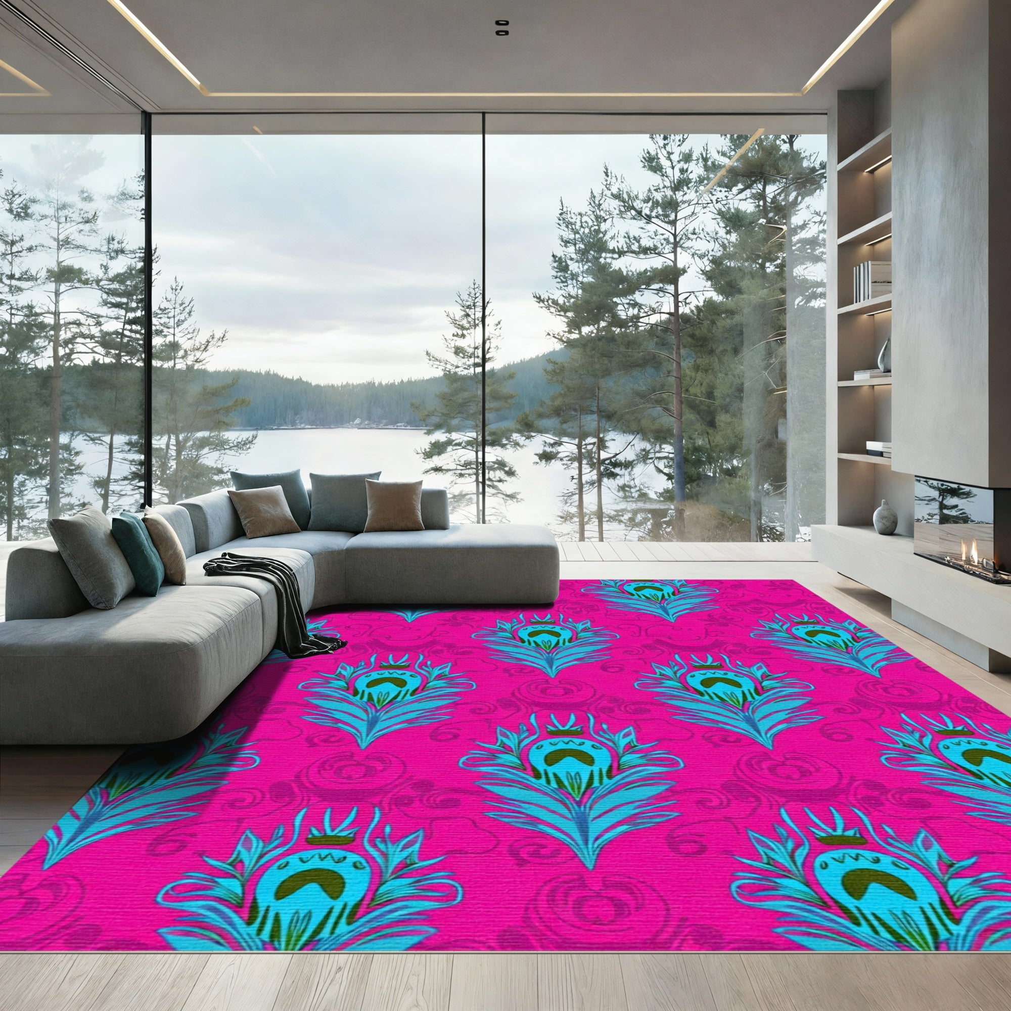 Vibrant Turquoise Peacock Feather Pink Rug