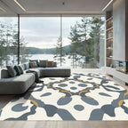 Cream Blue Gold Scrollwork Square Rug