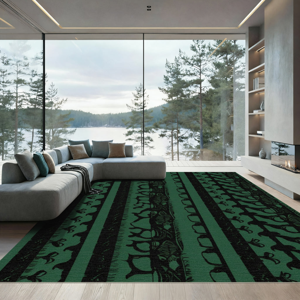 Deep Green Tribal Stripe Collage Rug