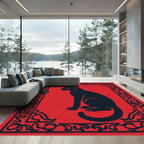 Bold Black Cat Red Border Rug