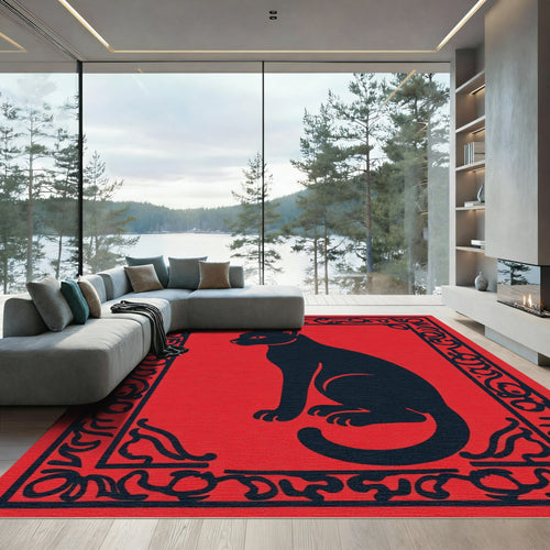 Bold Black Cat Red Border Rug