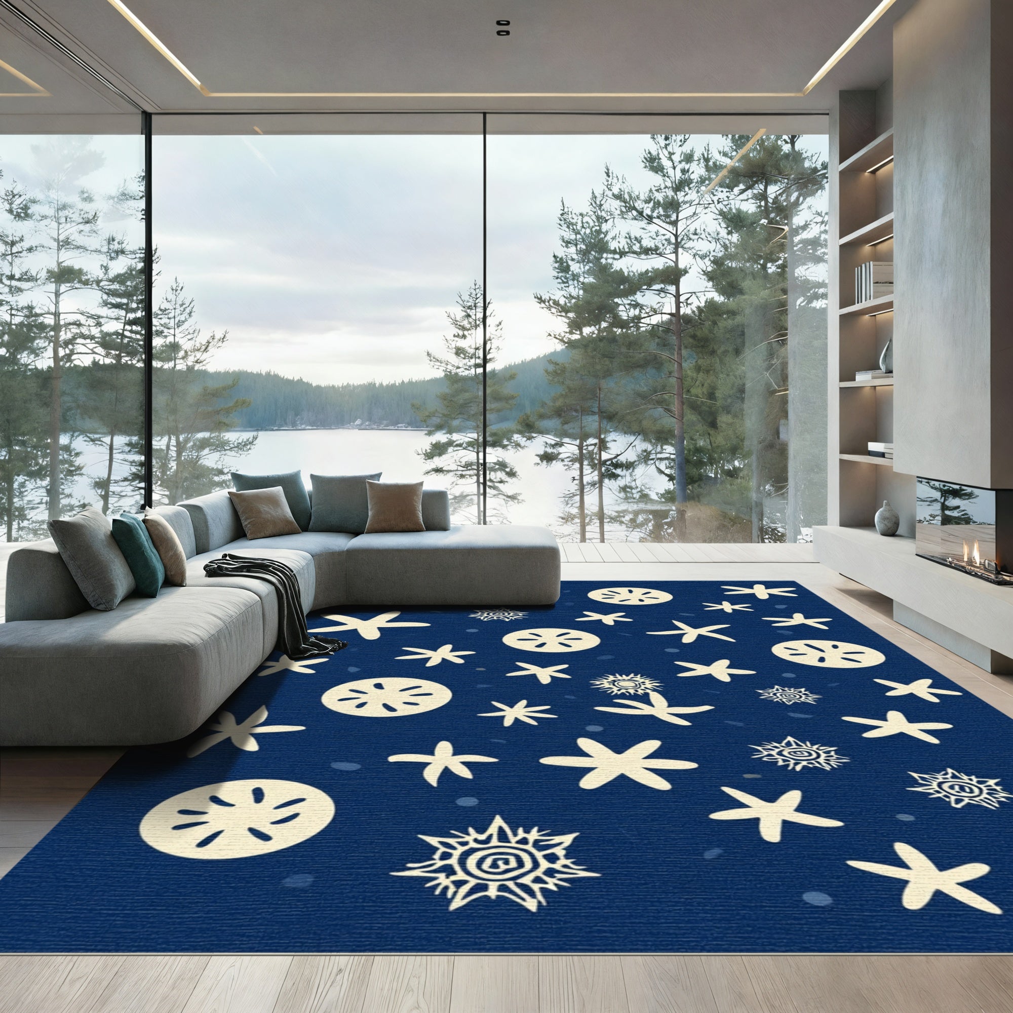 Cream Starfish Dots Navy Field Rug
