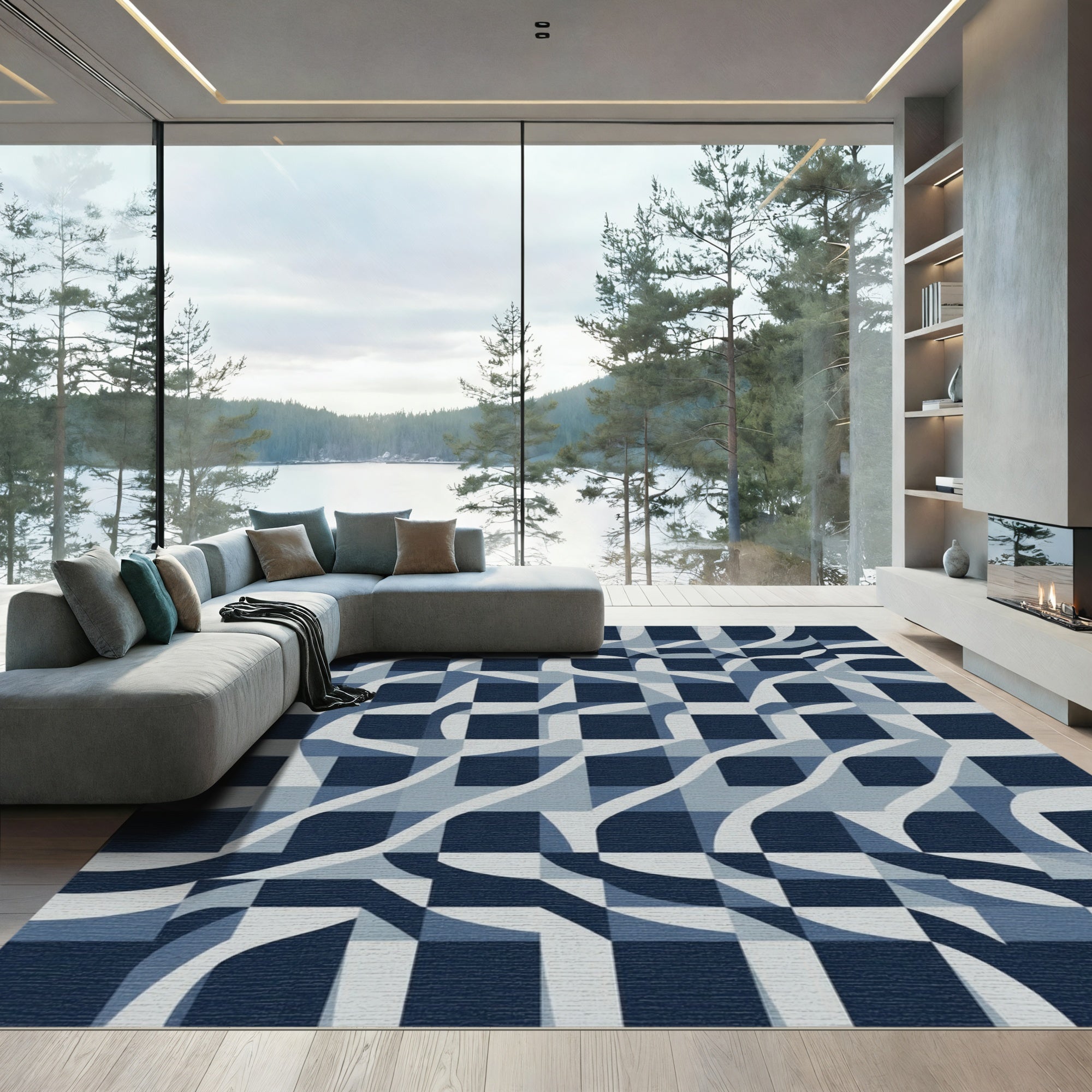 Deep Blue Optical Illusion Squares Rug