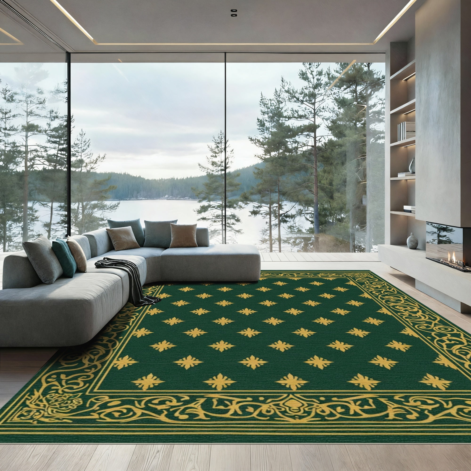 Deep Forest Green Gold Floral Border Rug