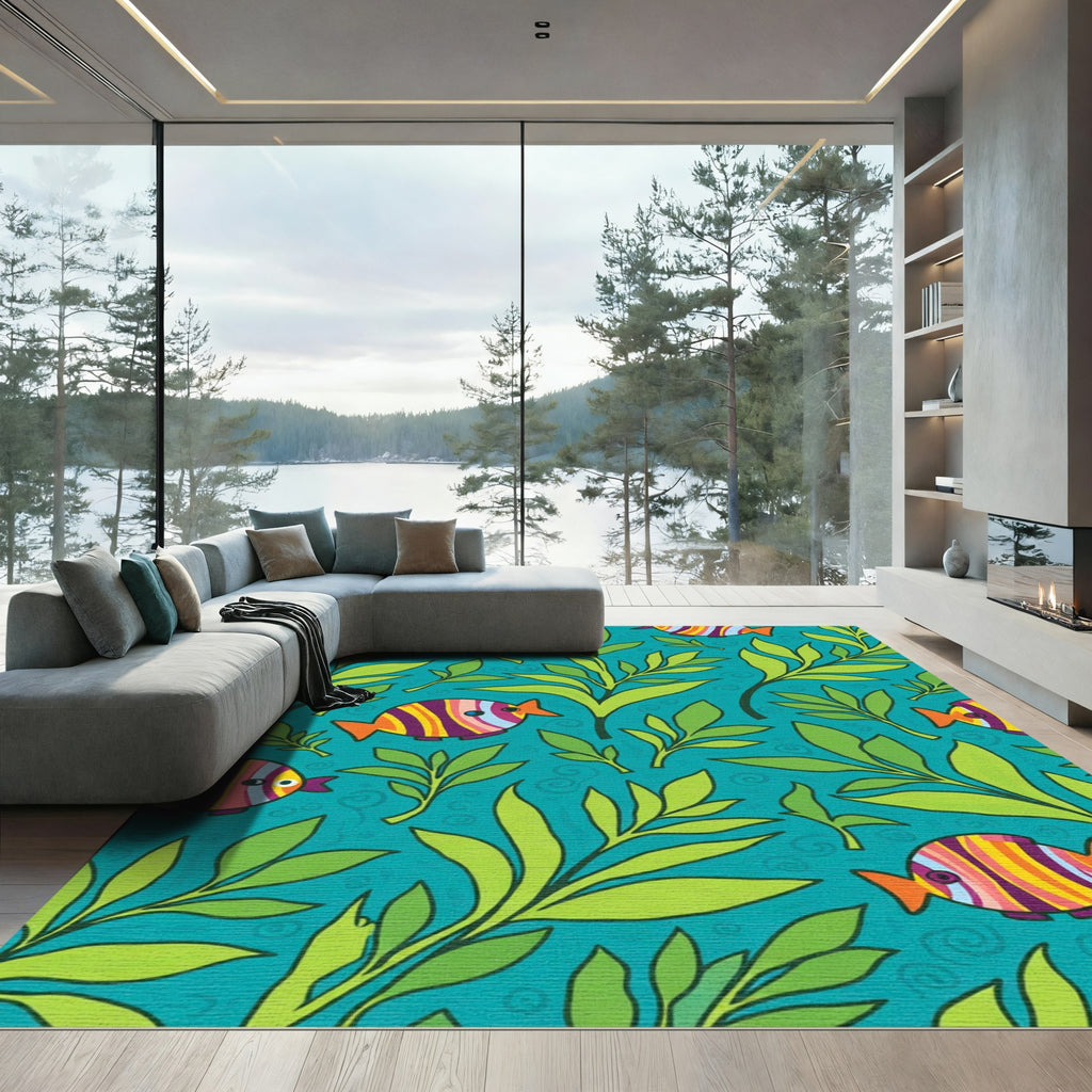 Whimsical Striped Fish Foliage Teal Rug
