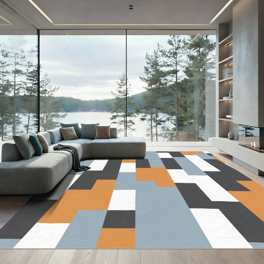 Abstract Terracotta Blue White Blocks Rug