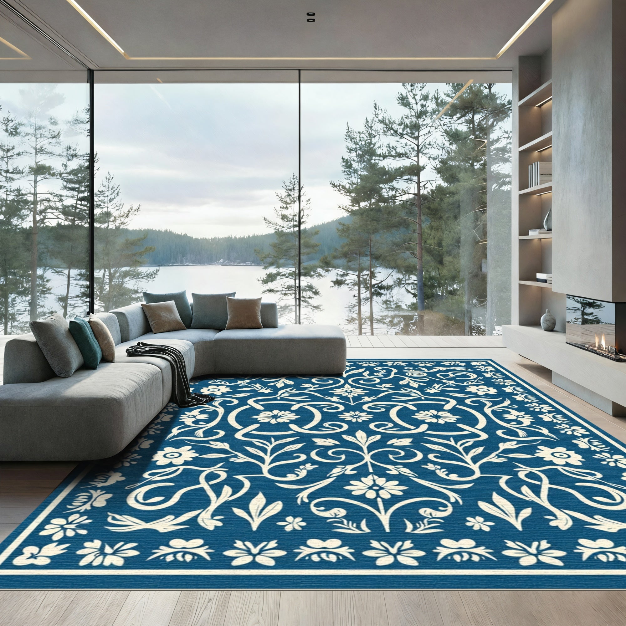 Indigo Floral Filigree Scroll Rug