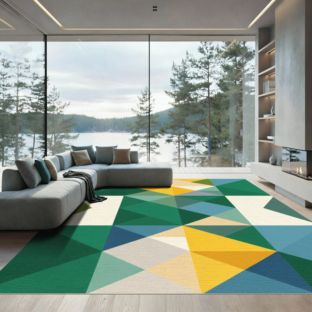 Green Yellow Blue Geometric Squares Rug