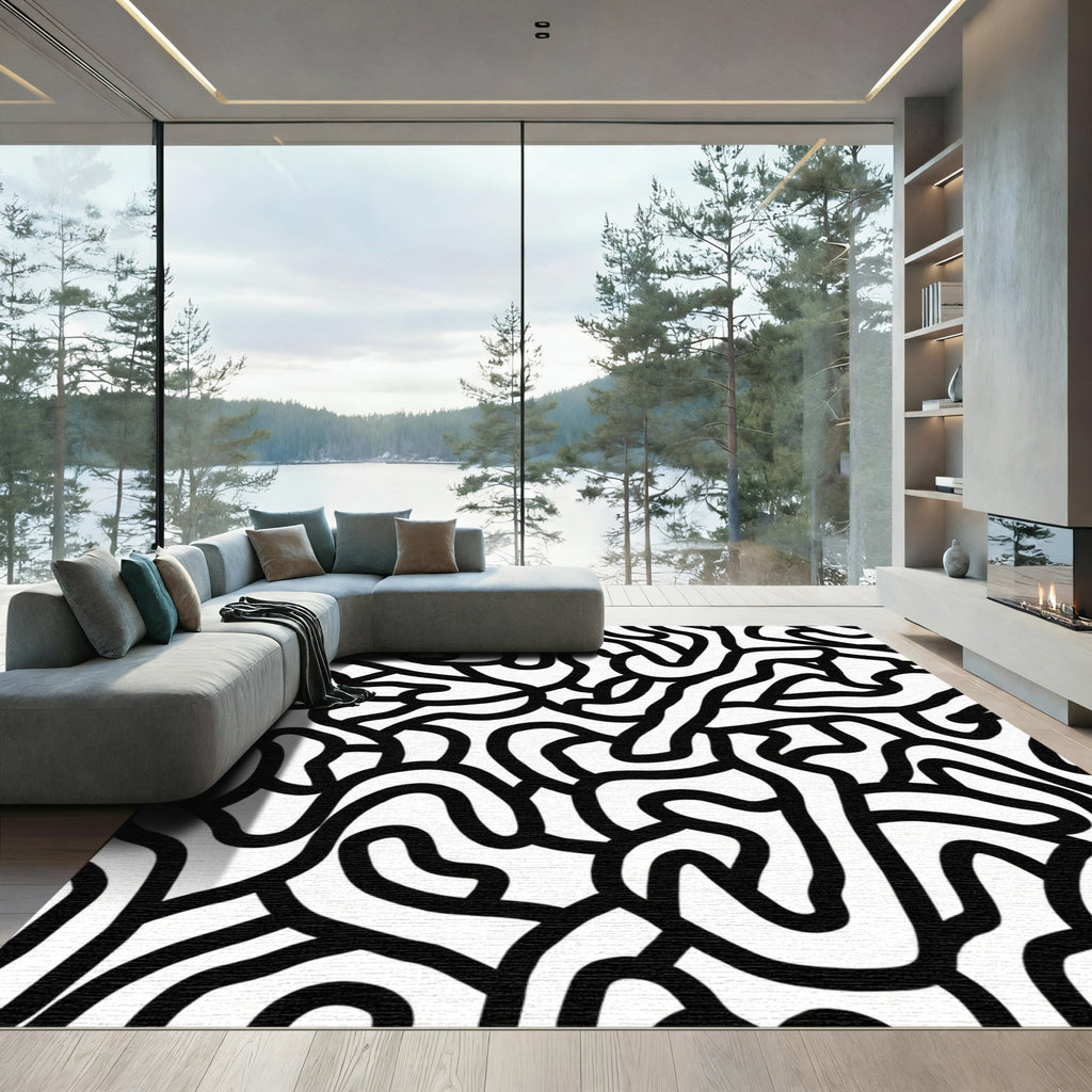 Bold Black White Abstract Flow Rug