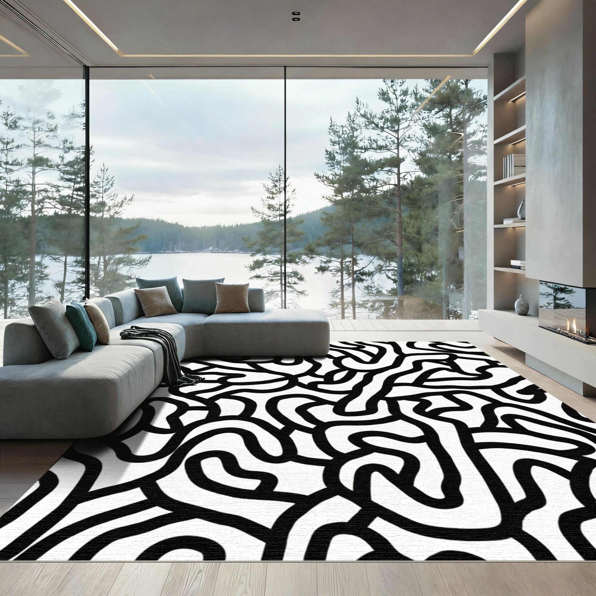Bold Black White Abstract Flow Rug