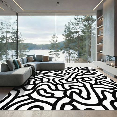 Bold Black White Abstract Flow Rug