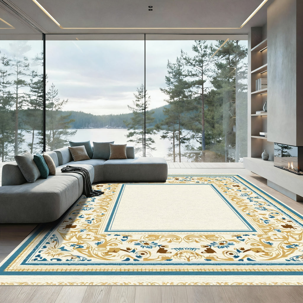 Ornate Blue Gold Floral Border Rug