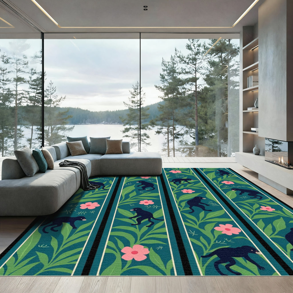Dark Blue Pink Jungle Monkey Stripes Rug