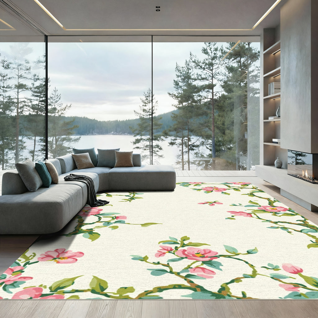 Pink Blossoms Vines Cream Rug