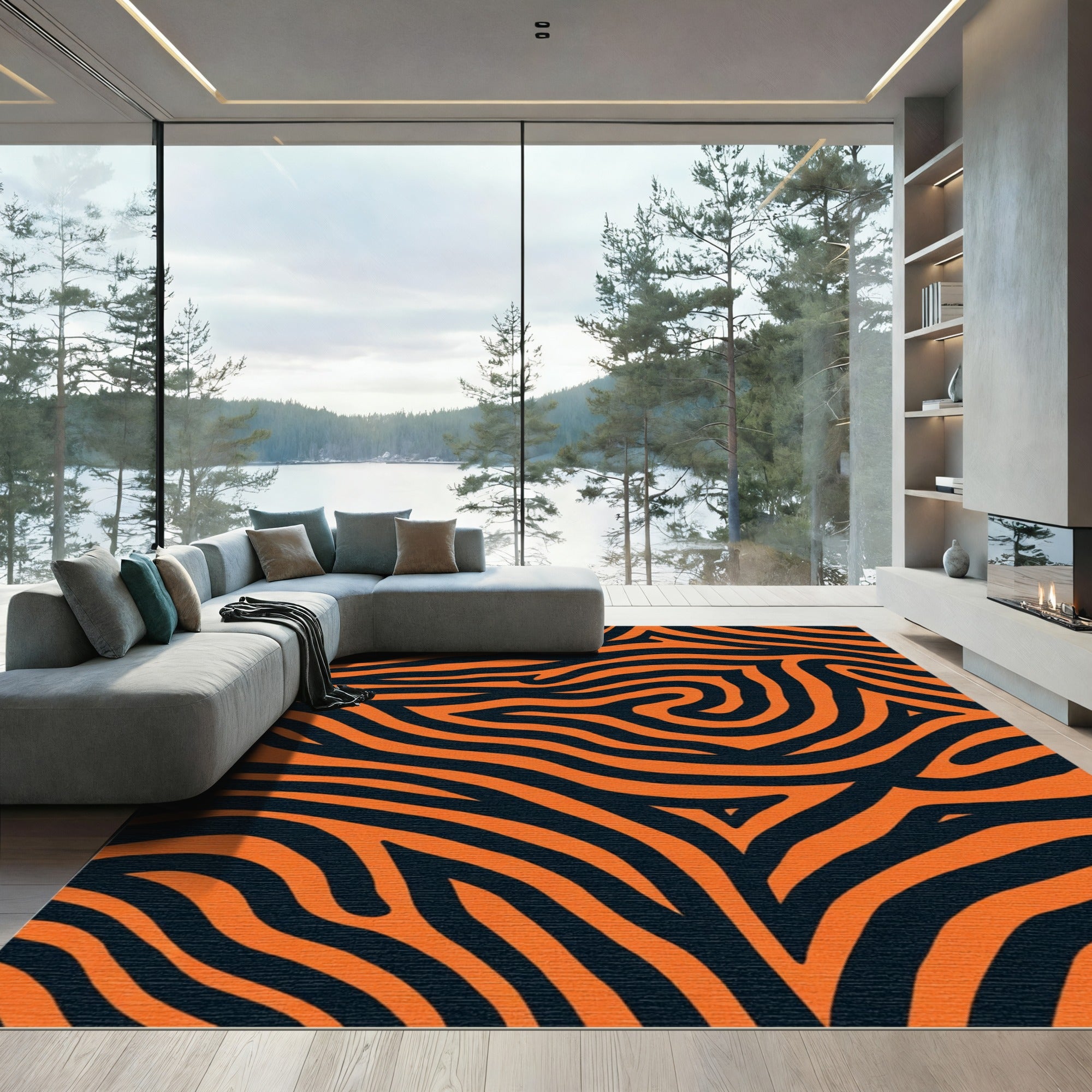 Bold Orange Black Swirls Rug