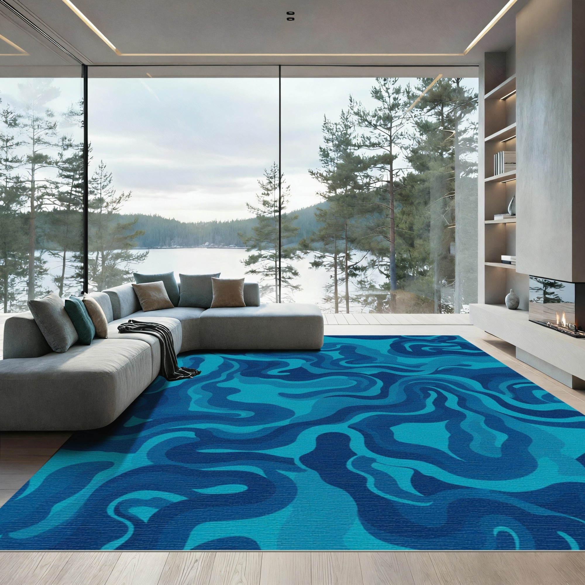 Oceanic Azure Wavy Flow Rug