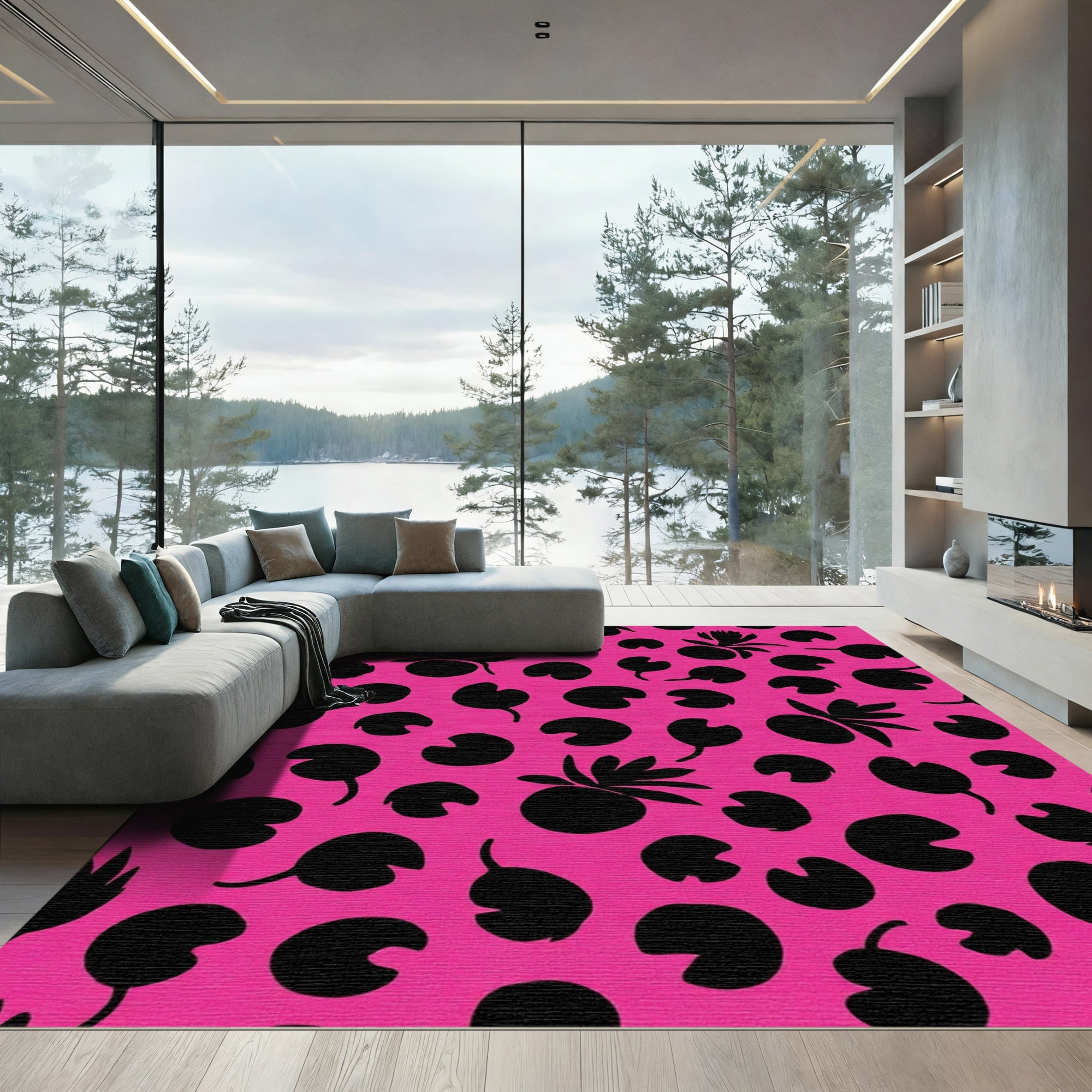 Hot Pink Black Botanical Dot Rug