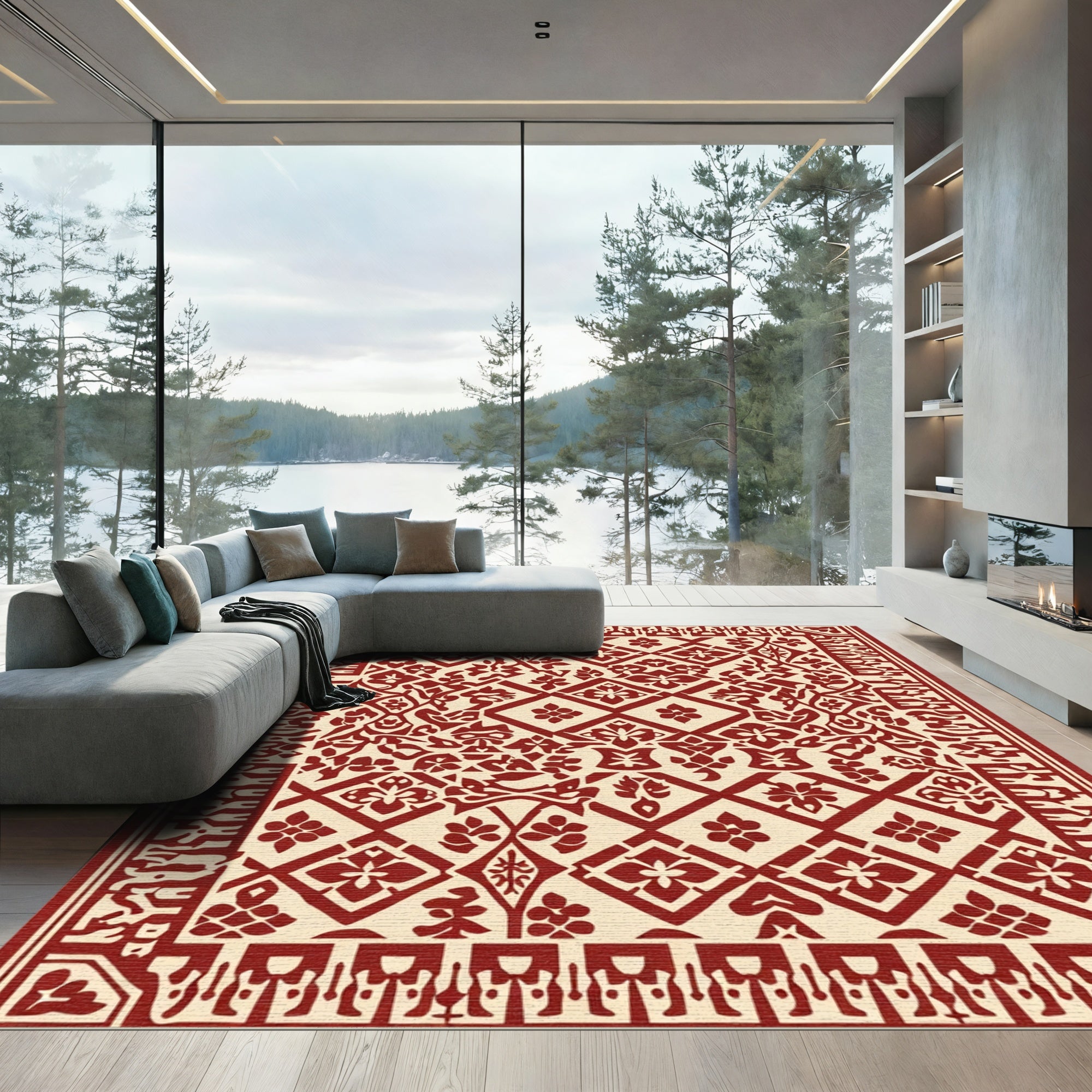 Crimson Floral Diamond Lattice Rug