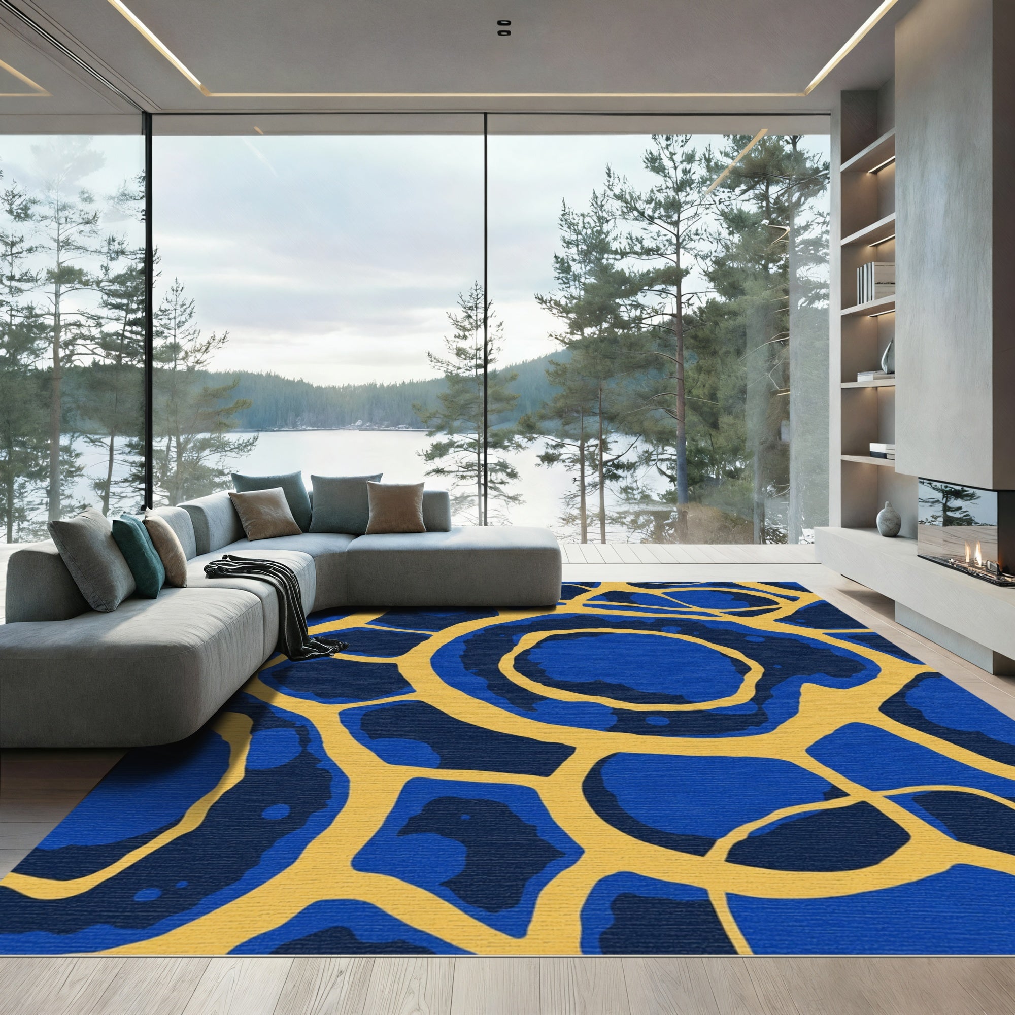 Blue Yellow Organic Cell Abstraction Rug
