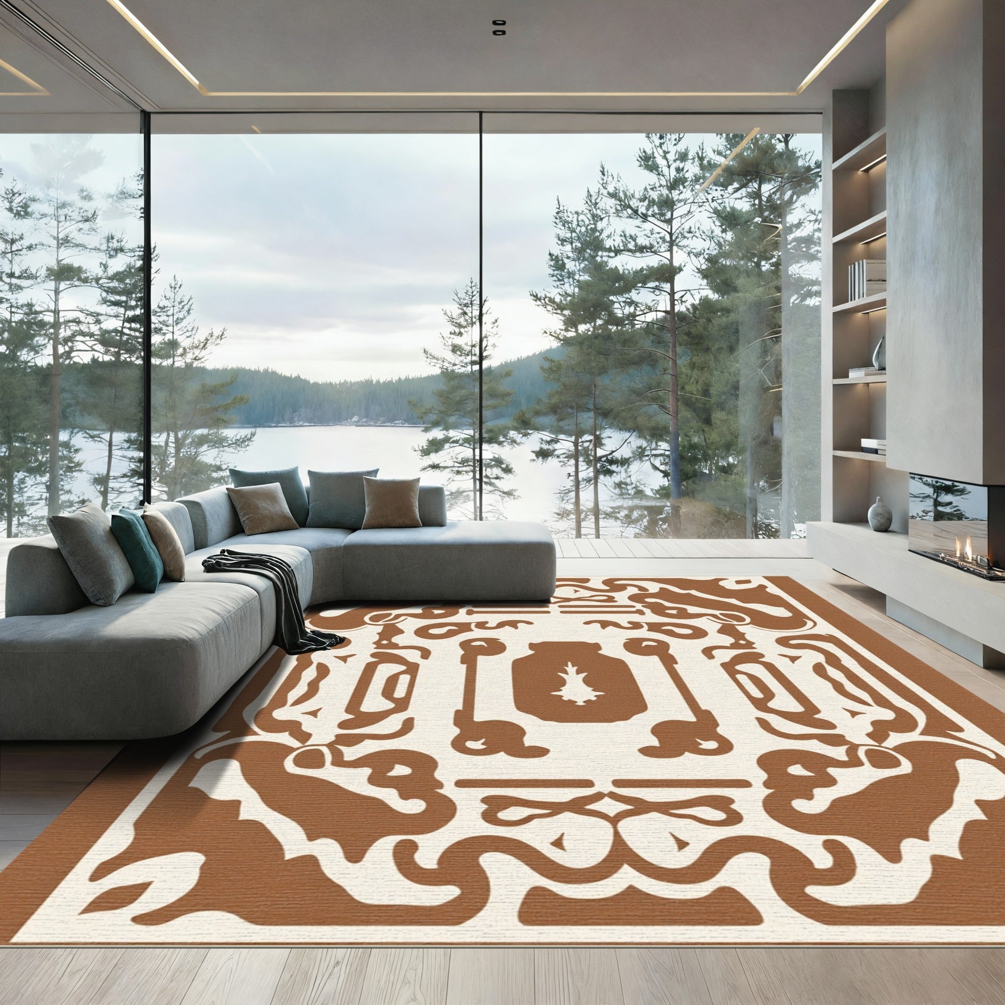 Brown Ivory Abstract Rhythmic Scroll Rug