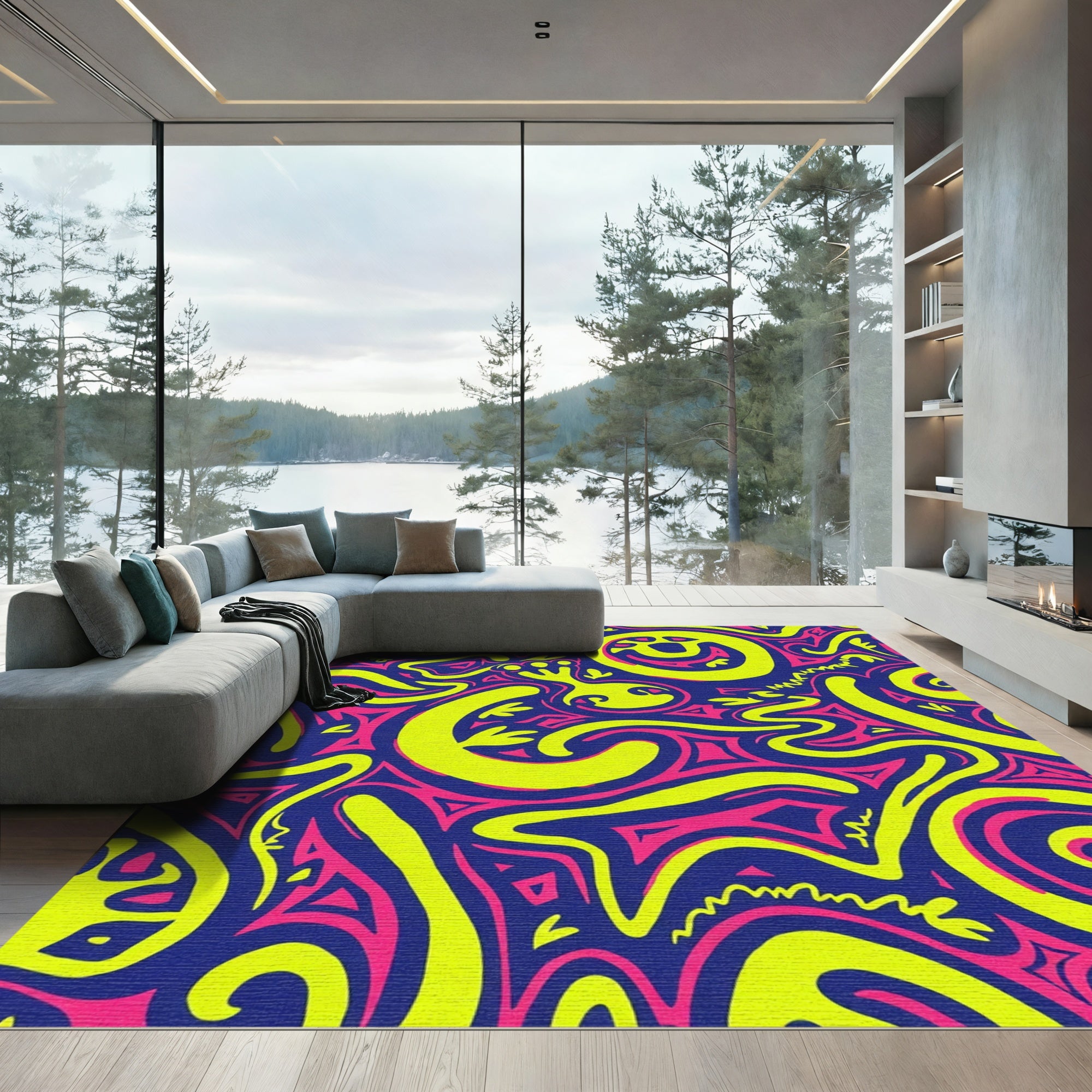 Vibrant Yellow Pink Swirl Abstract Rug