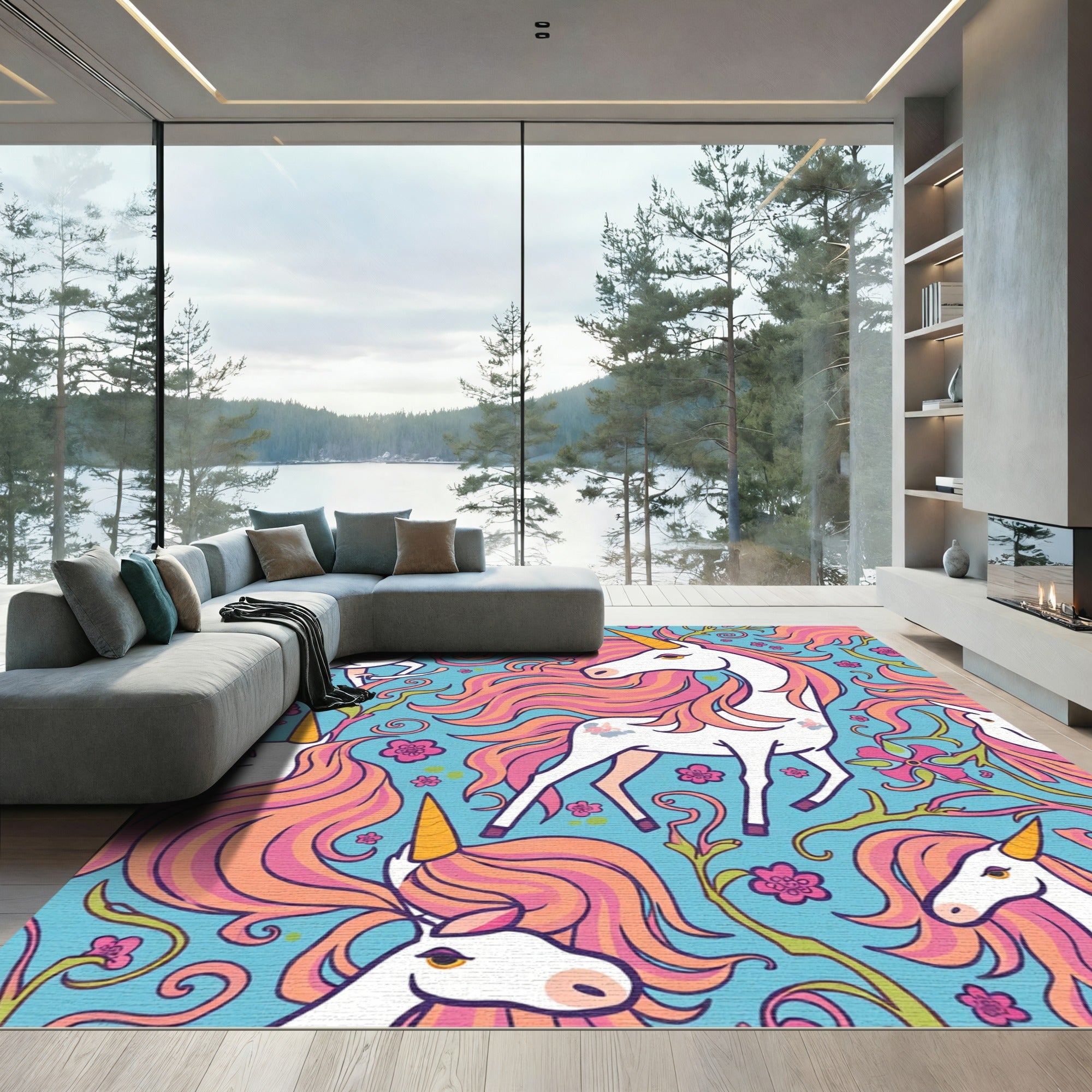 Whimsical Pink Unicorn Flower Garden Rug