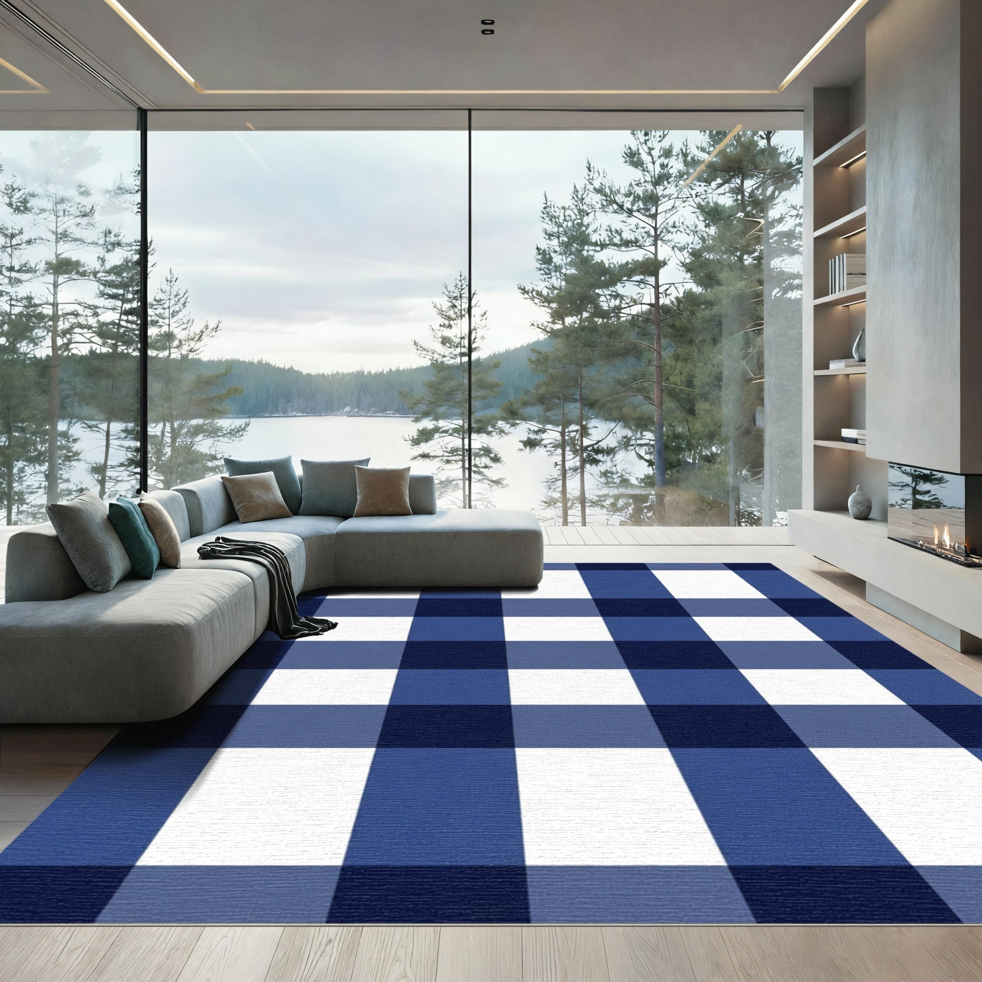 Navy White Gingham Checkered Squares Rug