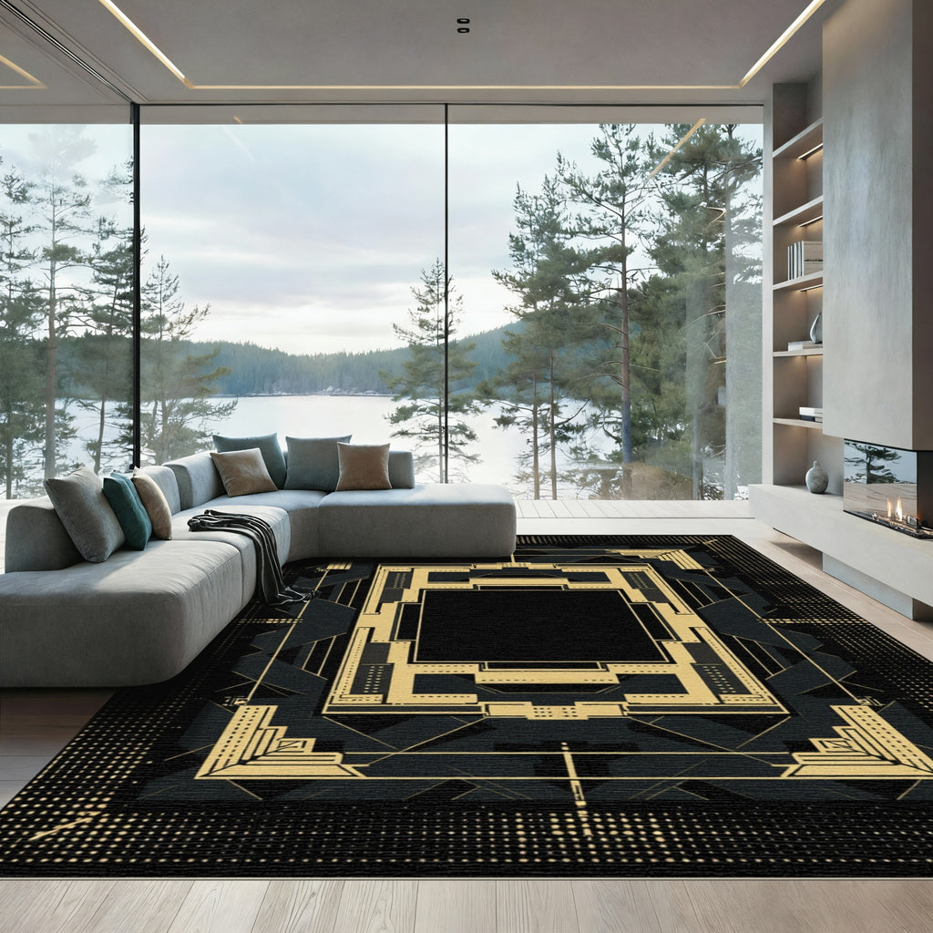 Retro Gold Black Geometric Layered Frame Rug