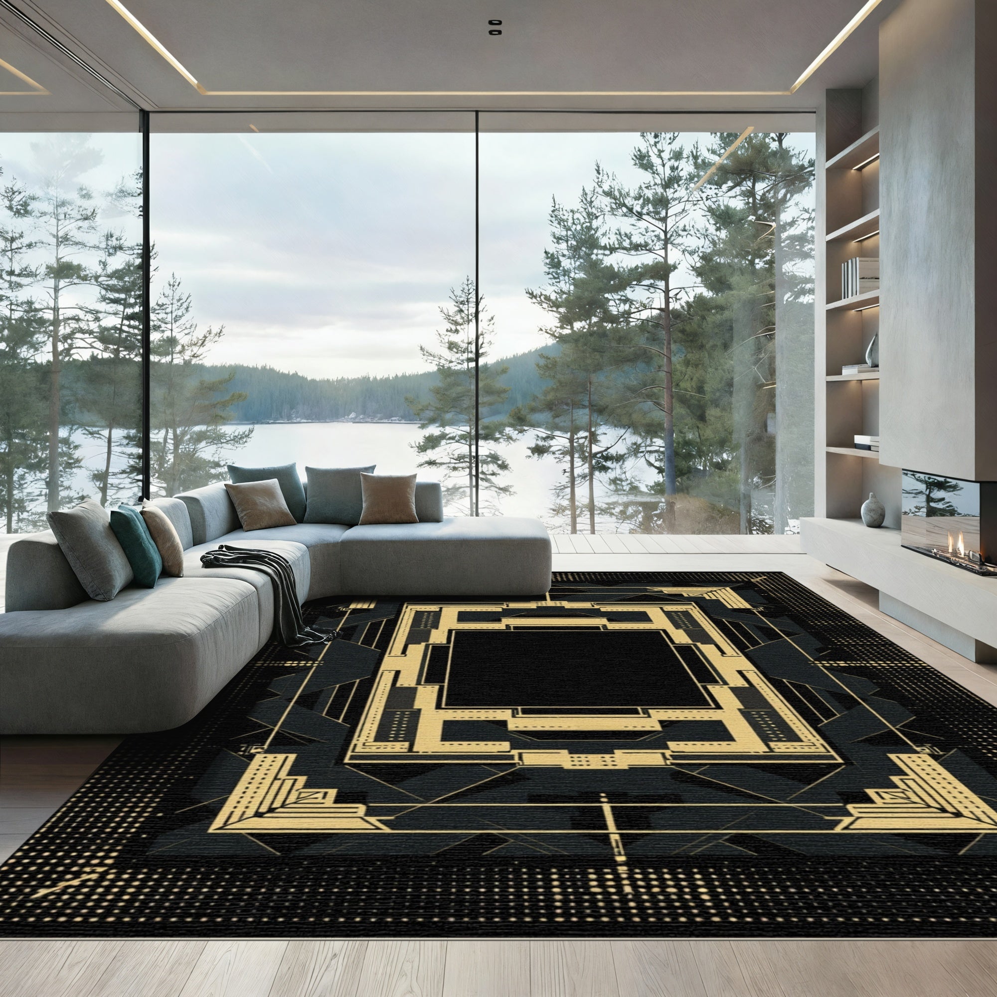 Retro Gold Black Geometric Layered Frame Rug