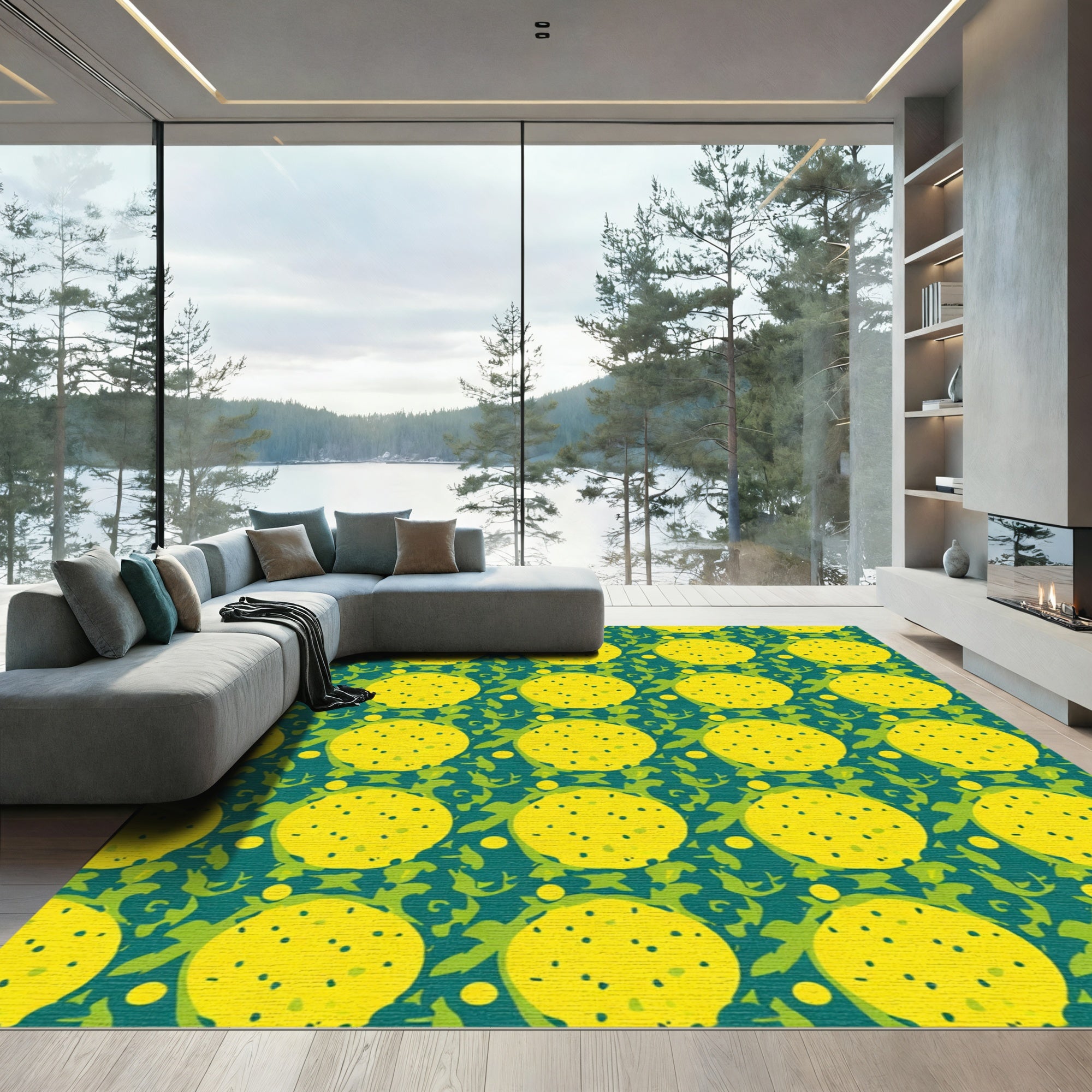 Yellow Polka Dot Foliage Pattern Rug