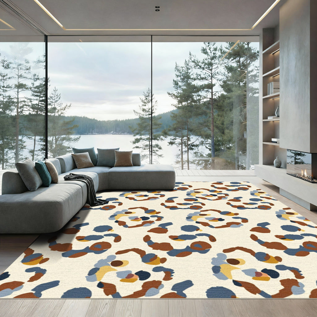 Abstract Ochre Blue Organic Shapes Rug