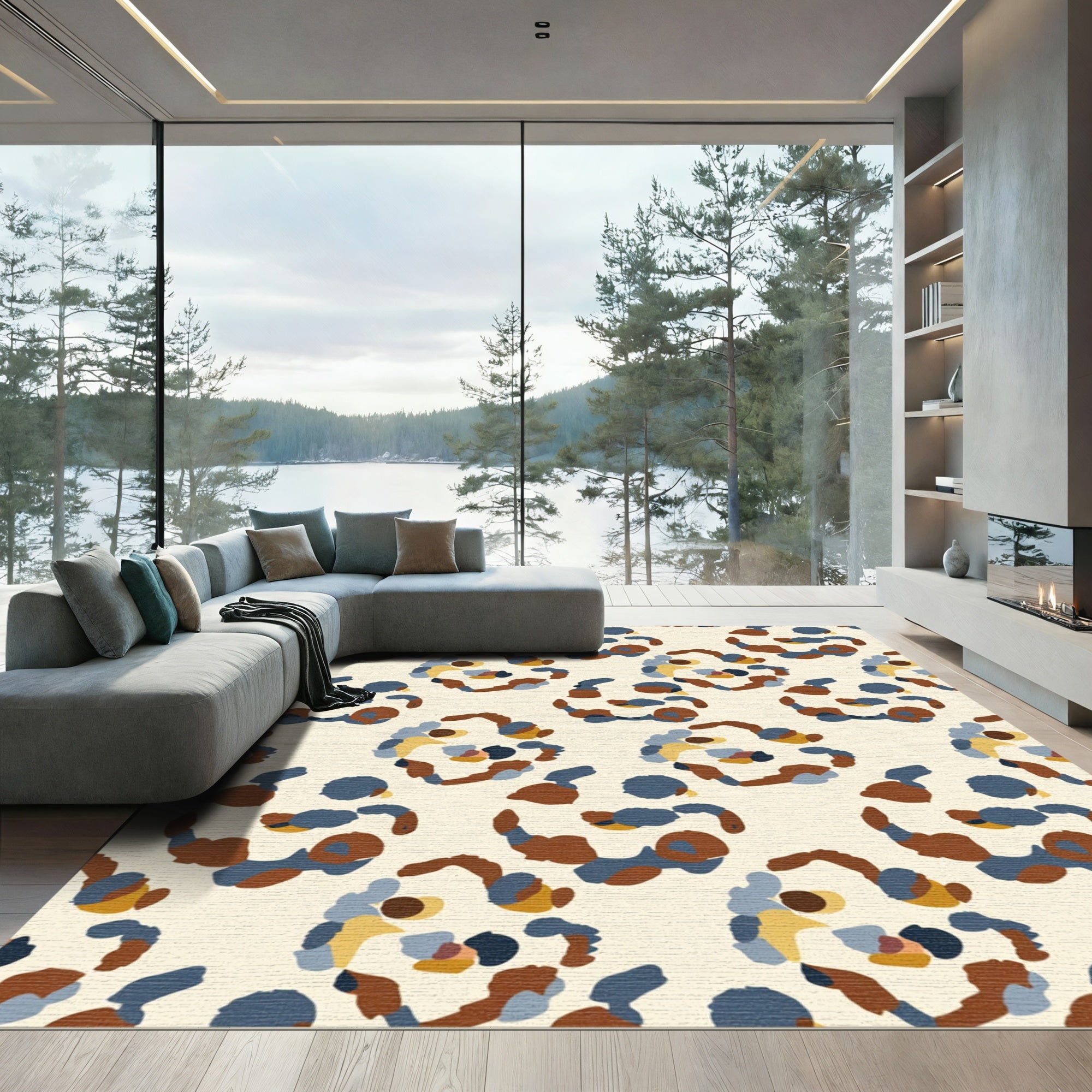 Abstract Ochre Blue Organic Shapes Rug