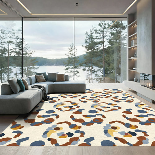 Abstract Ochre Blue Organic Shapes Rug