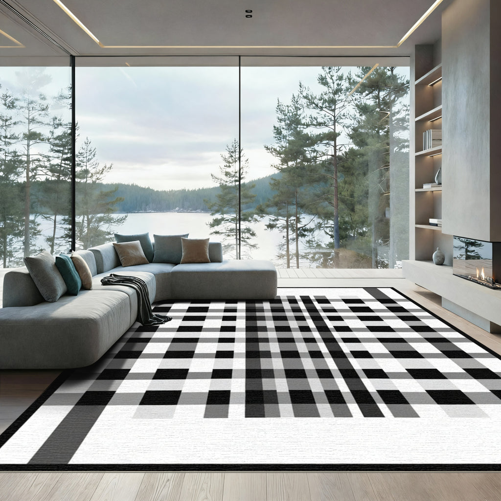 Monochromatic Black White Plaid Check Rug