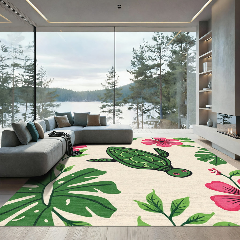 Green Turtle Tropical Floral Immersion Rug