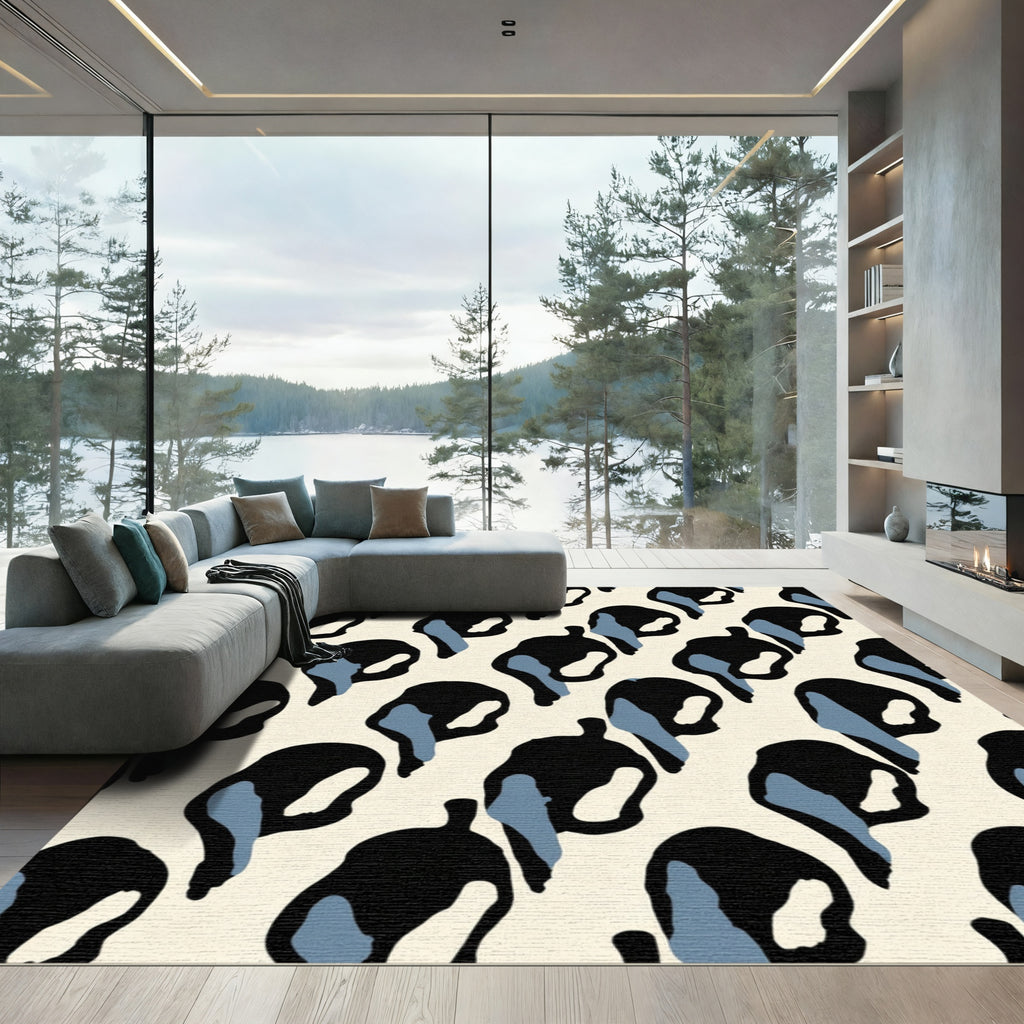 Cream Black Blue Abstract Spots Rug