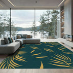 Golden Leafy Palm Feathers Teal Rug