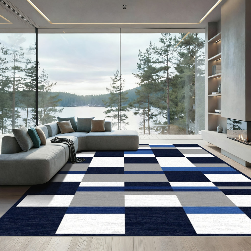 Navy Blue Gray White Geometric Blocks Rug